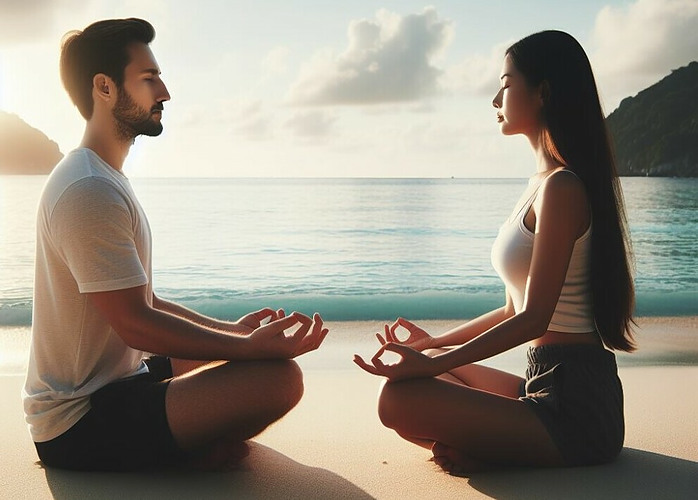 Couple meditating on a beach.