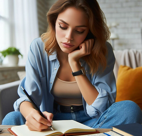 Girl Journaling with chin in her palm in a thinking position