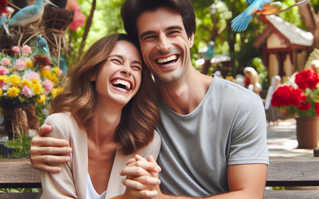 Couple sitting happily on a bench in a park