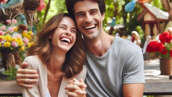 Couple sitting happily on a bench in a park