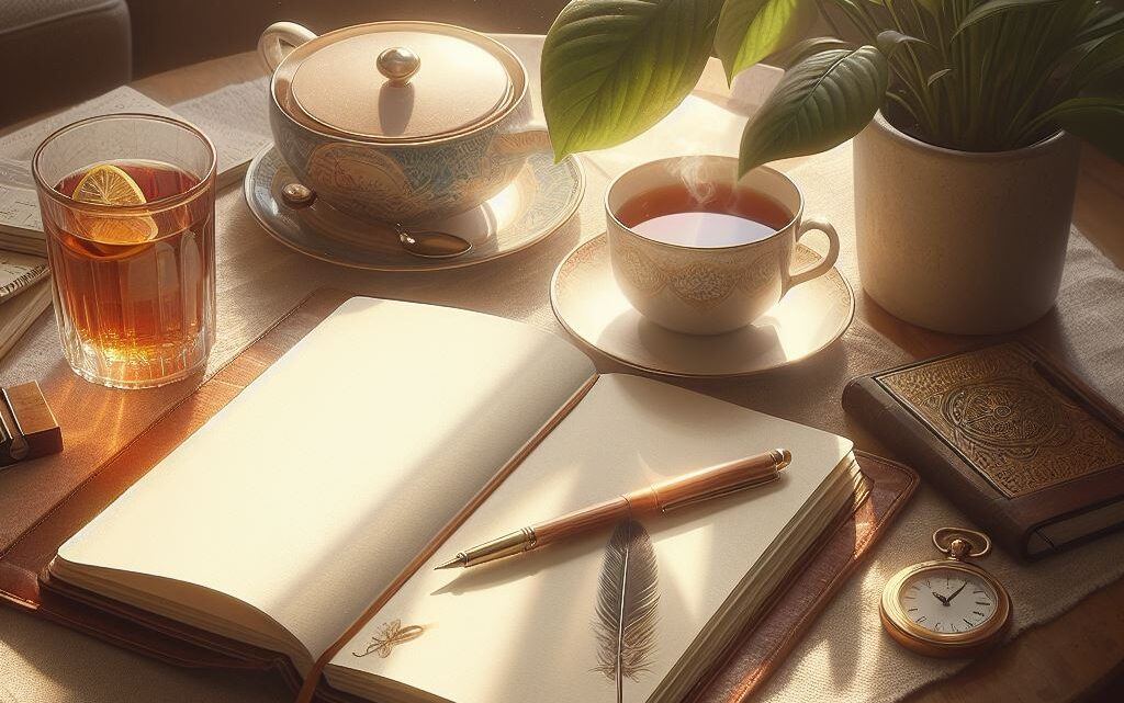 A journal opened on a table in a cozy setting