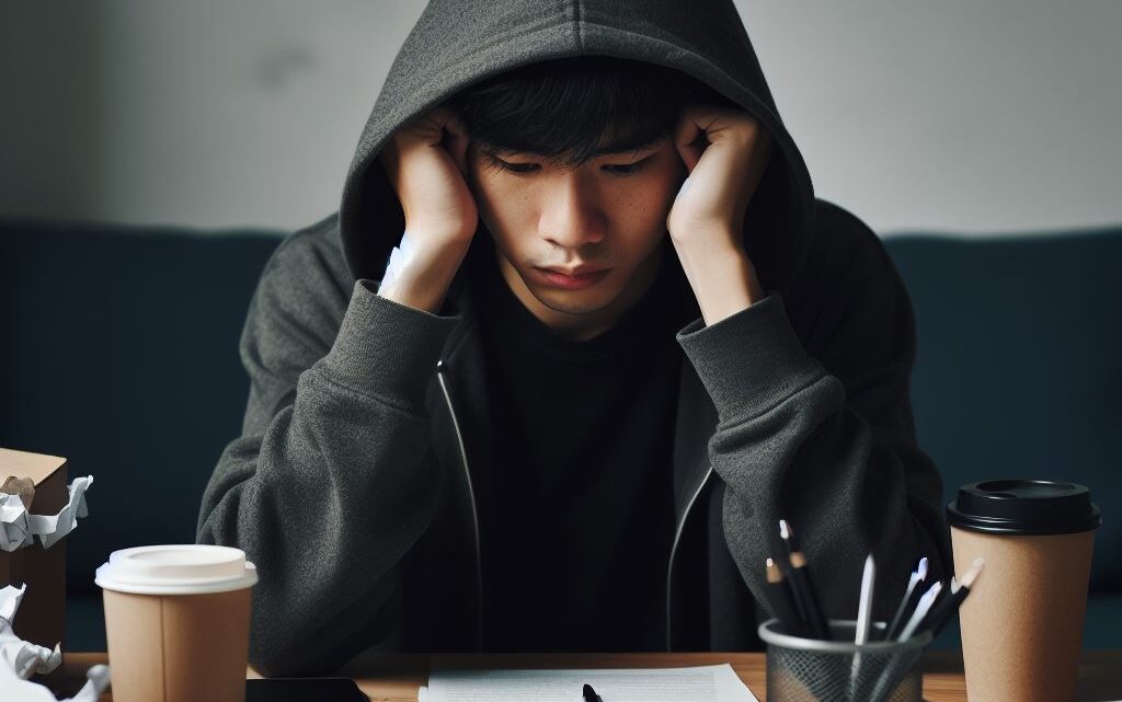 Boy looking sad at his desk full of papers and a cup of coffee