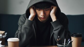 Boy looking sad at his desk full of papers and a cup of coffee