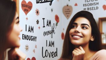 Girl looking in the mirror smiling at herself with words of affirmation on the wall