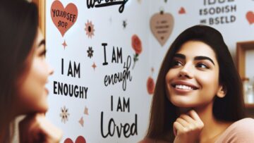 Girl looking in the mirror smiling at herself with words of affirmation on the wall