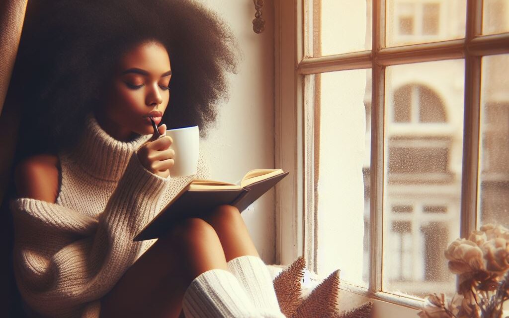 A girl sitting by the window pane with a cup of tea and a journal