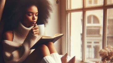 A girl sitting by the window pane with a cup of tea and a journal