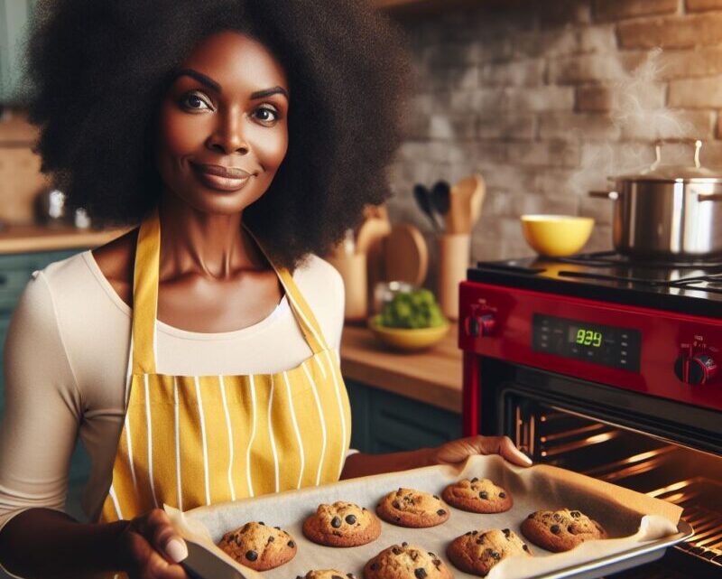 A black lady with a tray of baked cookies