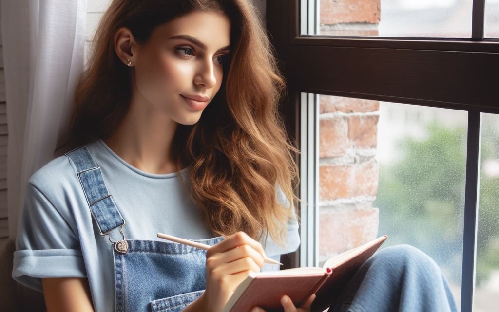 Girl sitting by the window with a journal and pen in hand writing