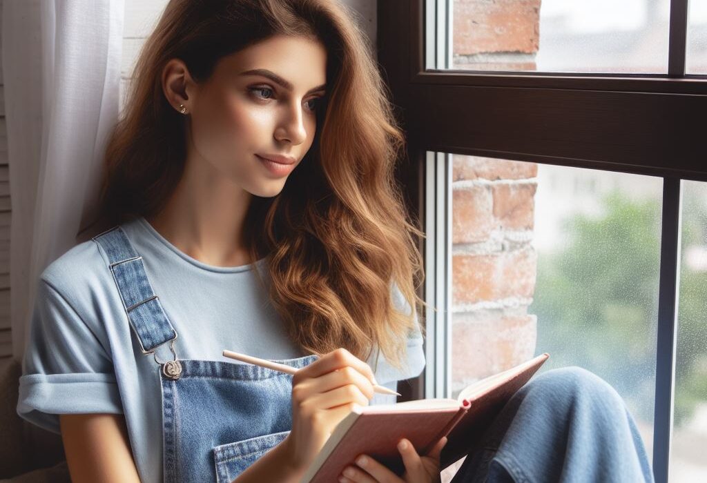 Girl sitting by the window with a journal and pen in hand writing