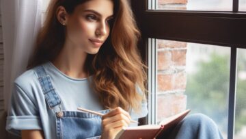 Girl sitting by the window with a journal and pen in hand writing